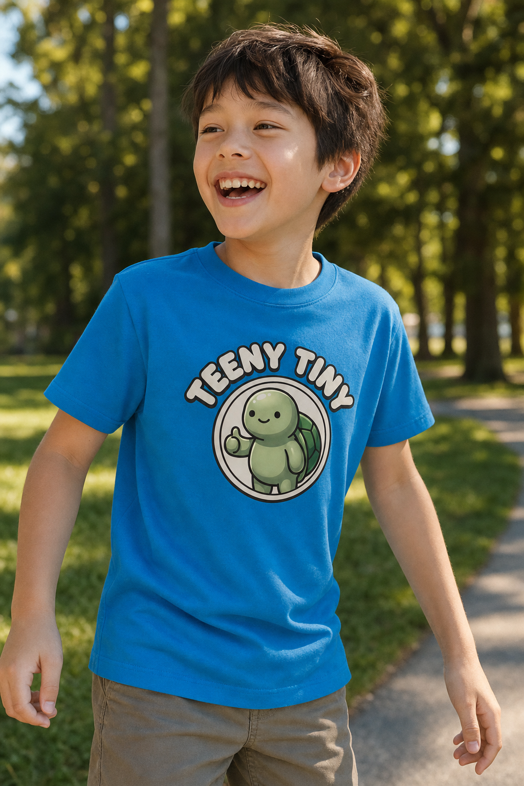 Boy wearing the Teeny Tiny Turtle Tee at the park